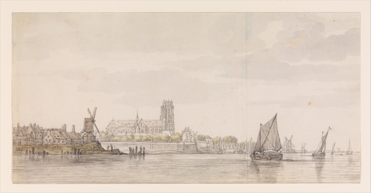 Pohled na Groote Kerk v Dordrechtu od řeky Maas od Aelbert Cuyp