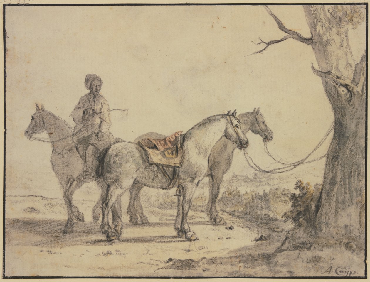 Dva osedlaní koně přivázaní ke stromu, u nich jezdec od Aelbert Cuyp