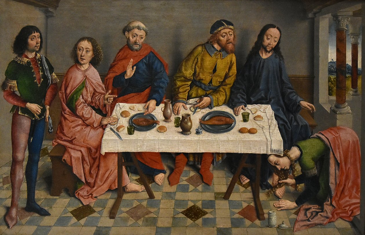Holandština:  Jésus chez Simon le Pharisien Ježíš u Šimona od Aelbrechta Boutse od Aelbrecht Bouts