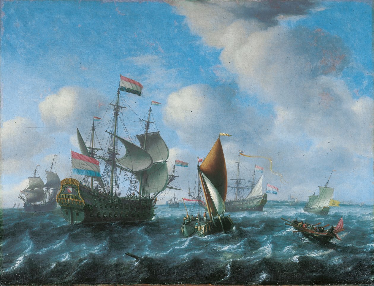 Mužská válka, možná Het Wapen van Utrecht, široká loď a záďová šalupa v tuhém vánku, 1671 od Aernout Smit