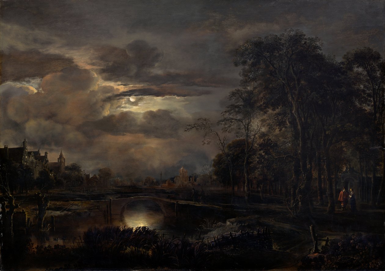 Moonlit krajina s mostem od Aert van der Neer