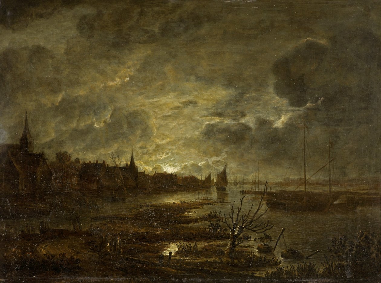 Vesnice na řece za svitu měsíce, cca 1645-1700 od Aert van der Neer