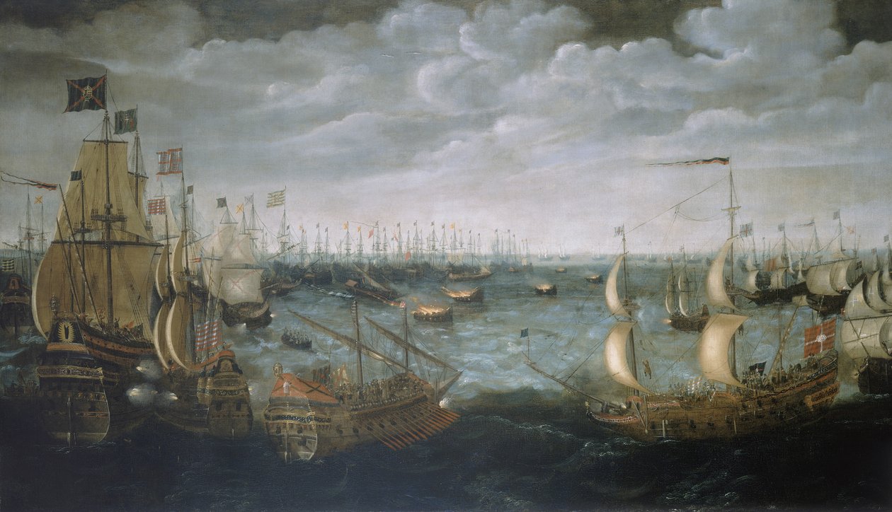 Vypouštění střelných lodí proti španělské Armadě, 7. srpna 1588, asi 1590 (olej na plátně) od Aert Anthonisz