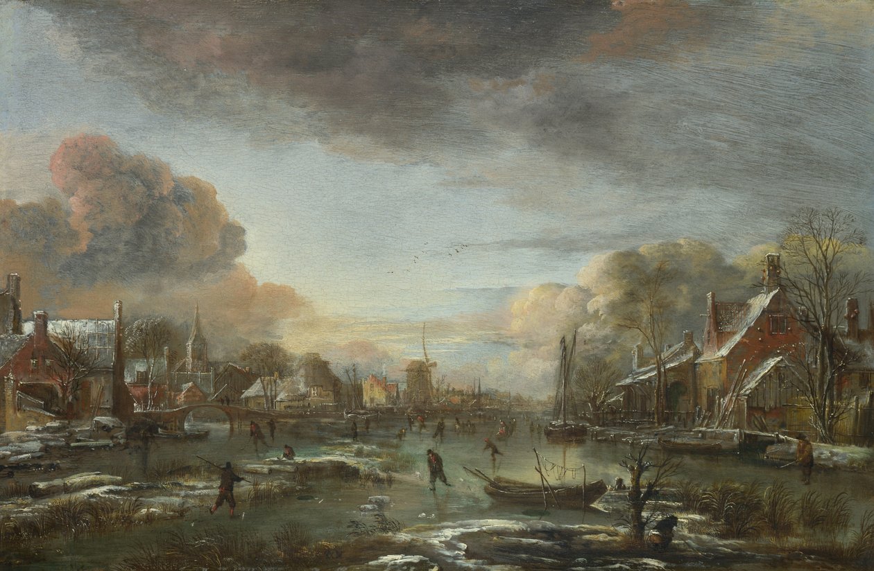 Zamrzlá řeka u města ve večerních hodinách, asi 1665 od Aert van der Neer