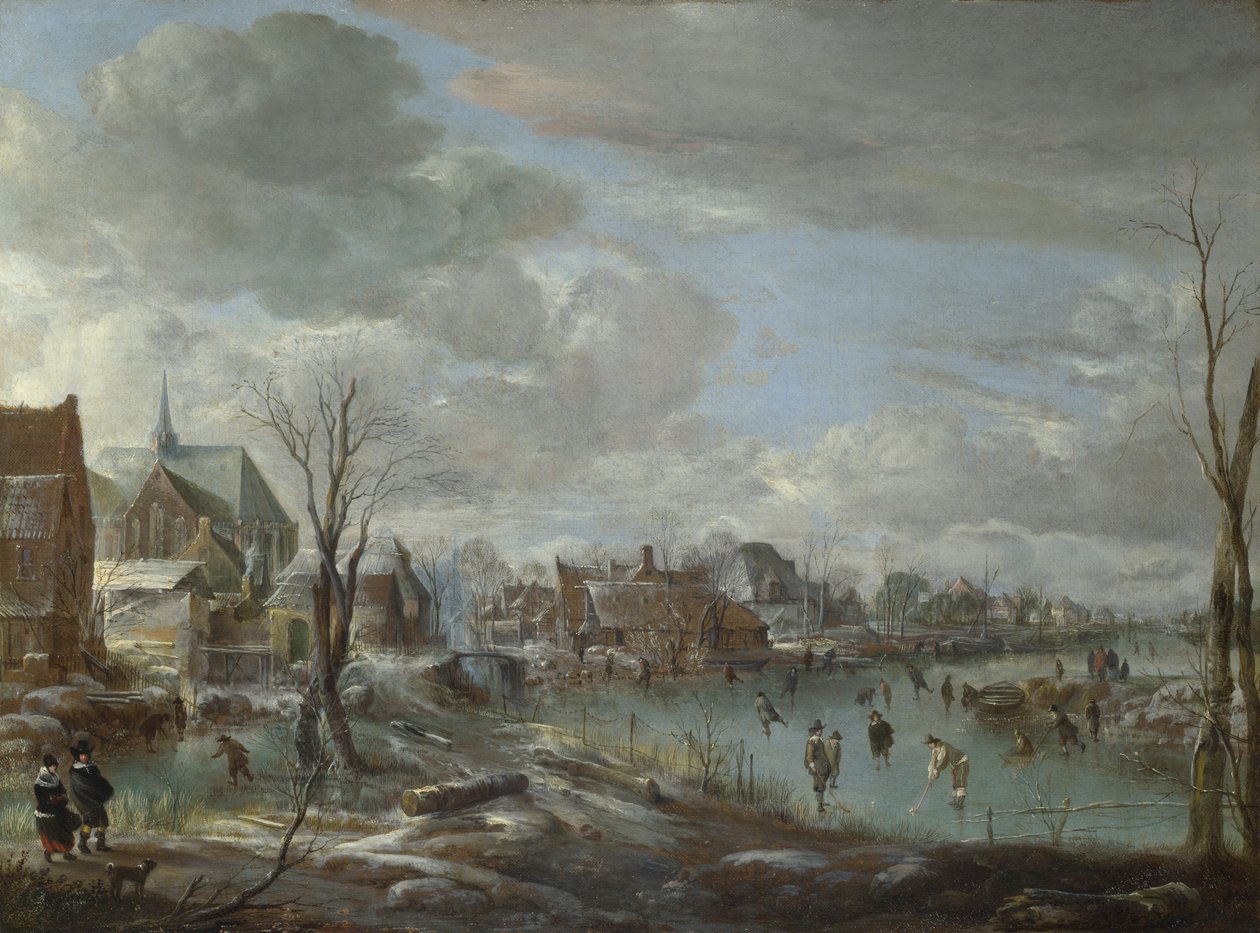 Zamrzlá řeka u vesnice s golfisty a bruslaři, c. 1647-1648 od Aert van der Neer