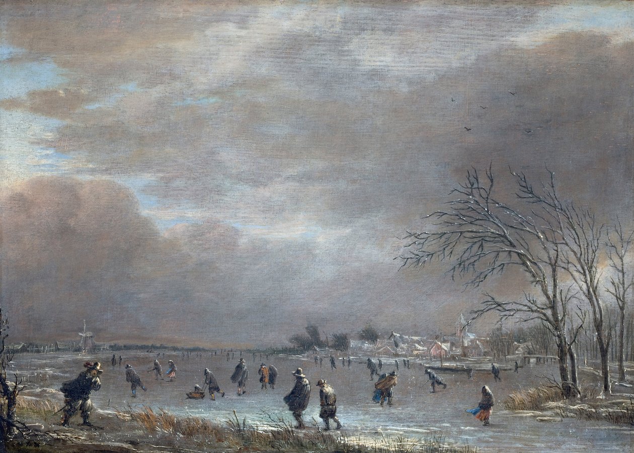 Zimní krajina s bruslaři na zamrzlé řece od Aert van der Neer