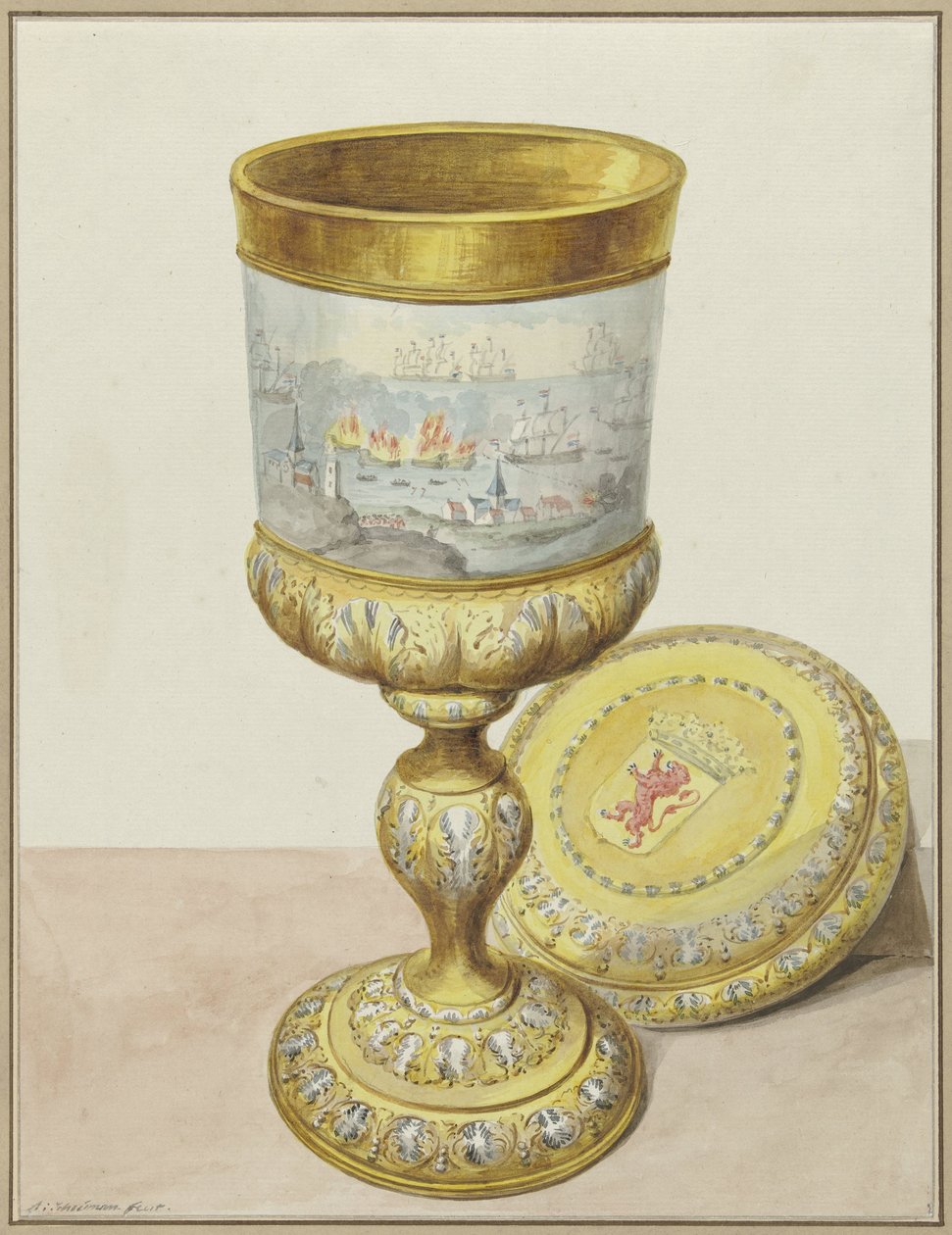 Zlatý pohár s víčkem, darován Cornelis de Witt u příležitosti cesty do Chathamu, 1667 od Aert Schouman (signed by artist)
