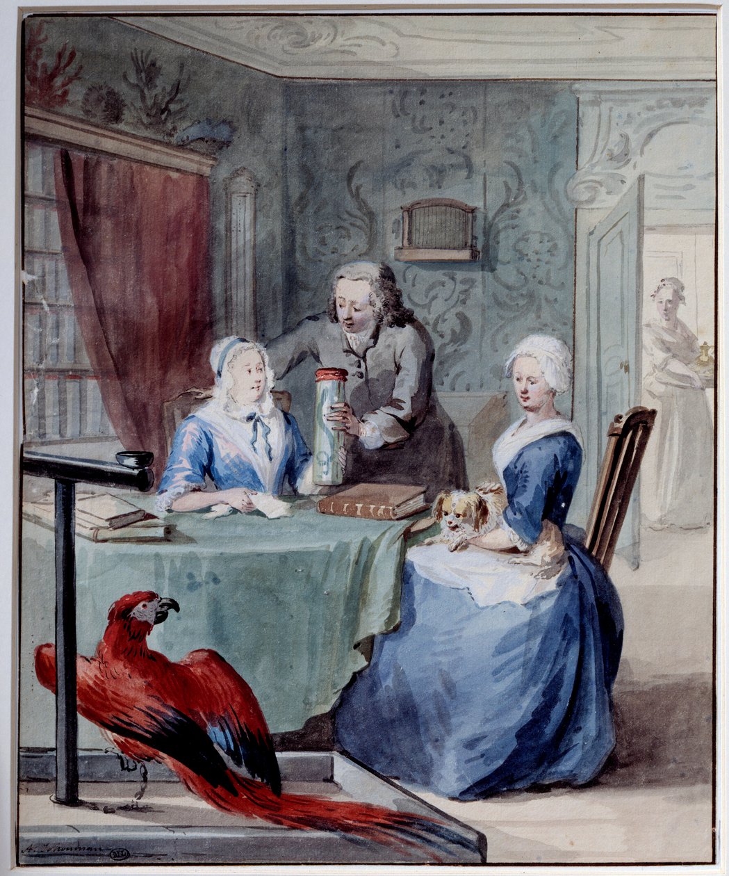Přírodovědec ukazuje dvěma ženám sklenici s hadem v popředí papouška. Akvarel od Aerta Schoumana (1710-1792) 18. století Sun. 0,24x0,2 m Paříž, Musee du Louvre od Aert Schouman