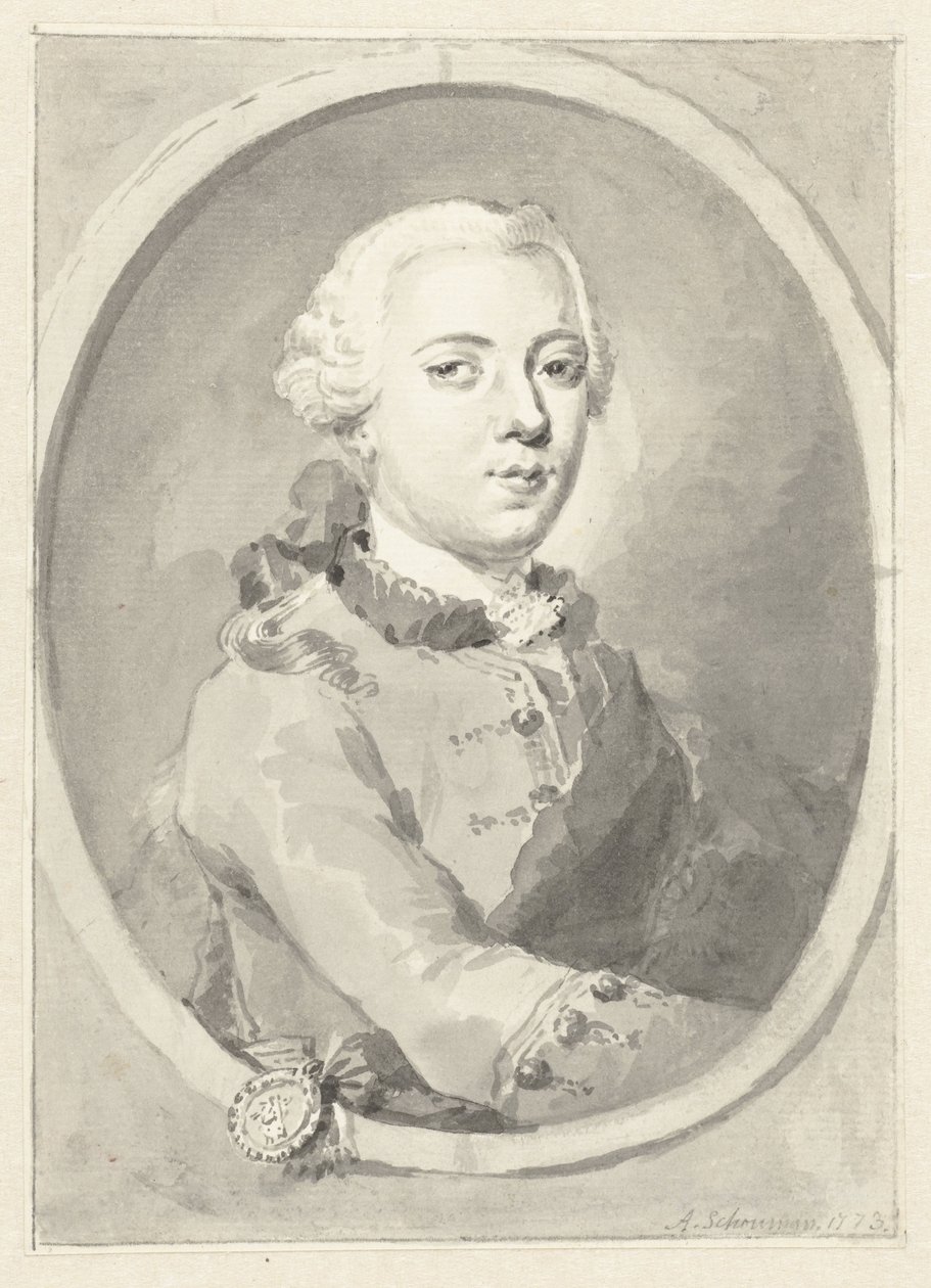 Portrét Viléma V., prince z Orange-Nassau, vpravo v oválu od Aert Schouman