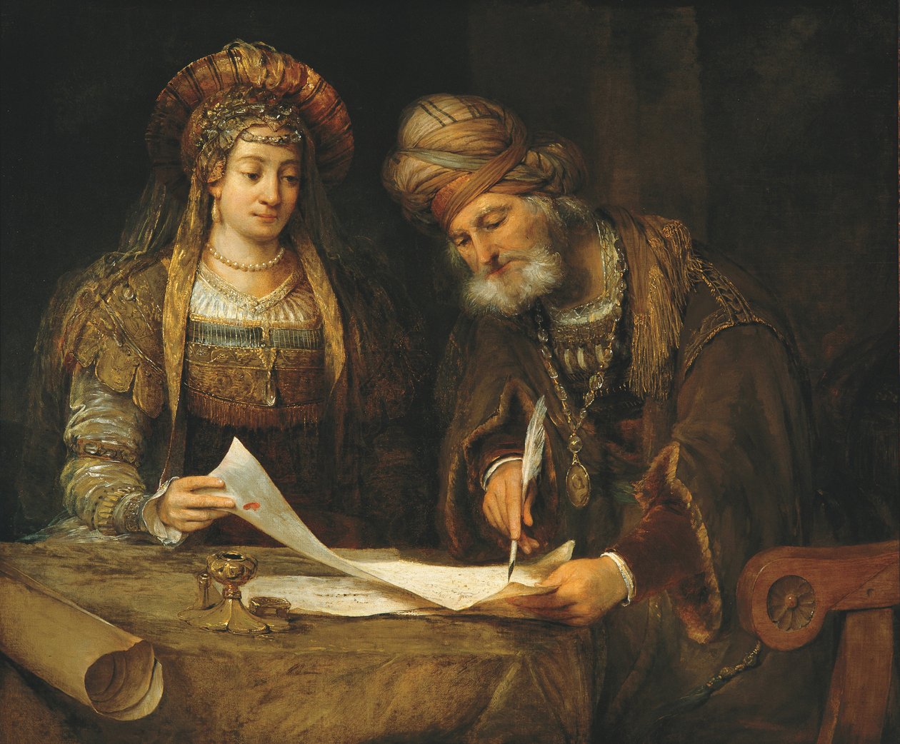 Ester a Mordechaj píší první dopis z Purim, kolem roku 1675 (olej na plátně) od Aernt de Gelder
