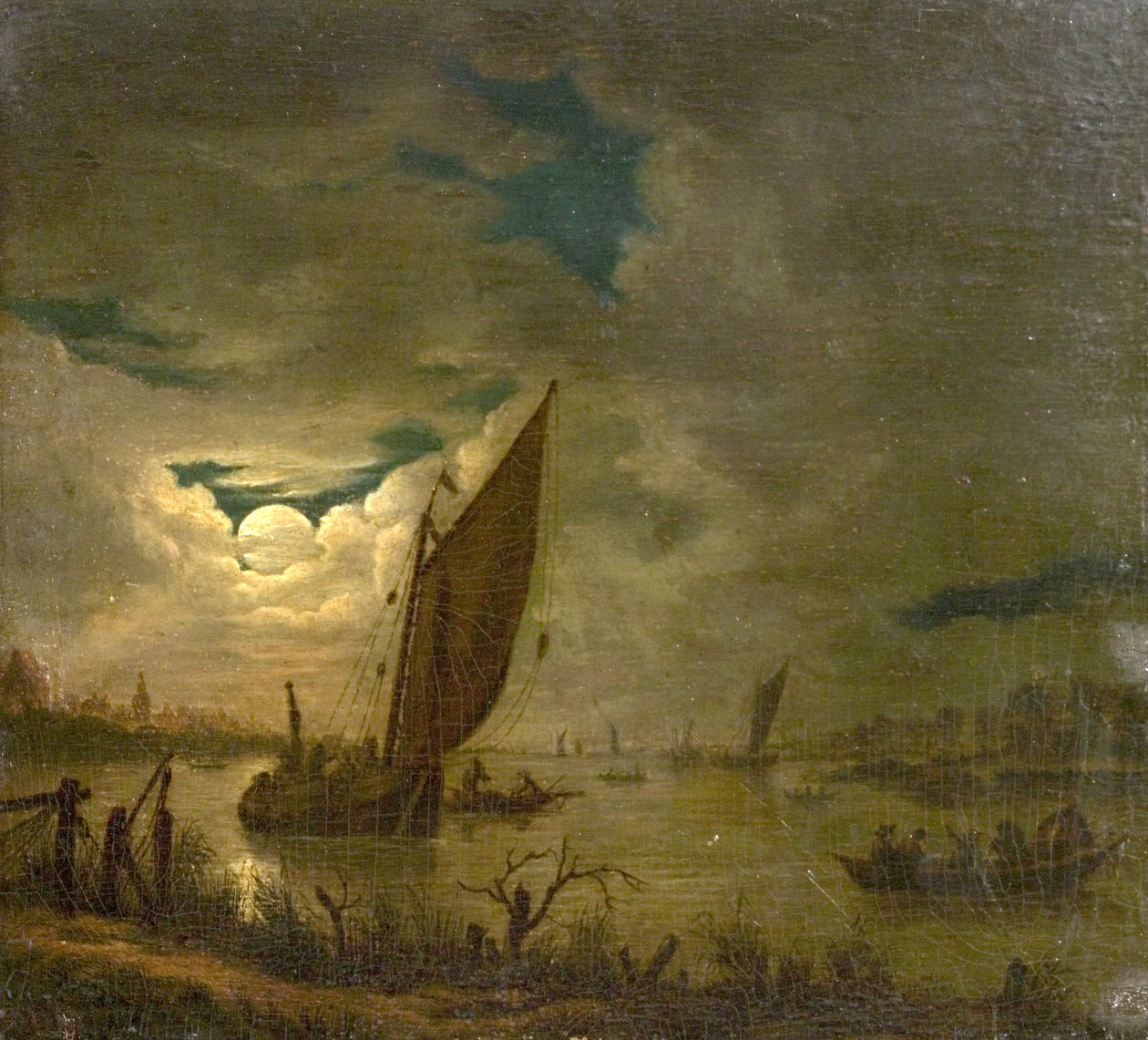 Říční scéna s čluny a figurkami (olej na dřevě) od Aert van der (imitator of) Neer