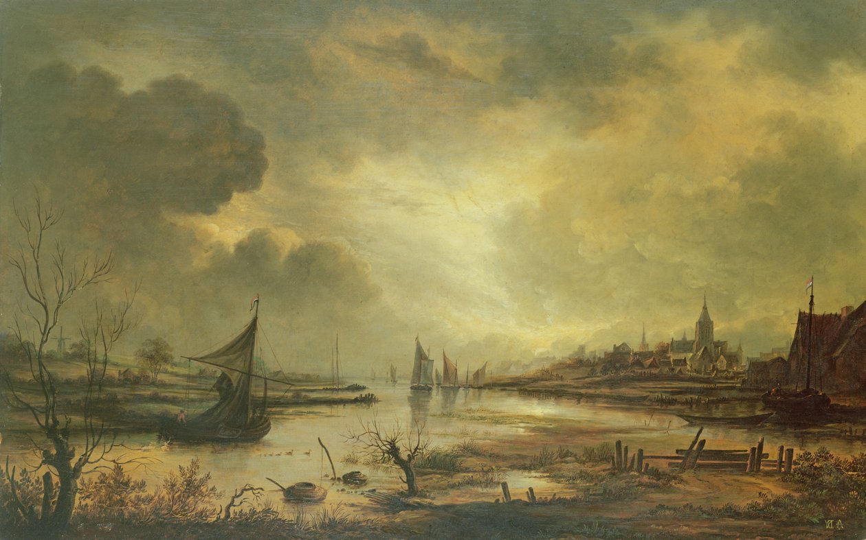 Dutch Town on a River by Moonlight (olej na panelu) od Aert van der Neer