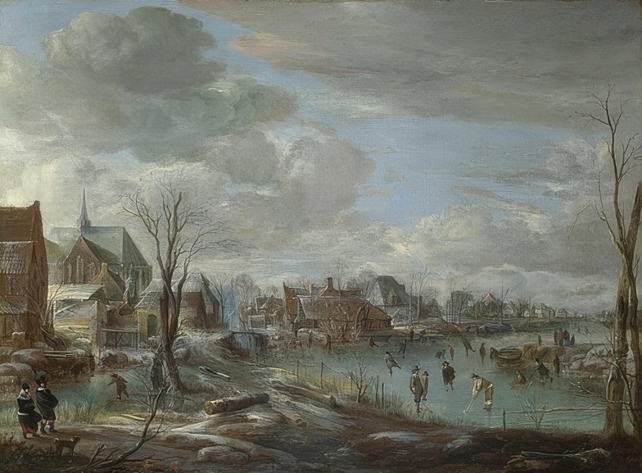 Zamrzlá řeka poblíž města s golfisty a bruslaři. Kolem roku 1648 od Aert van der Neer