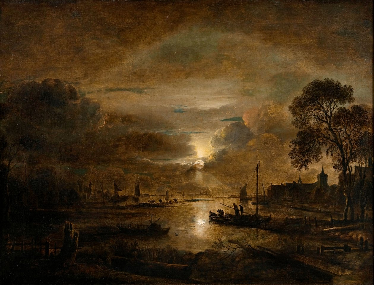 Měsíční svit u holandské řeky, asi 1650 (olej na plátně) od Aert van der Neer