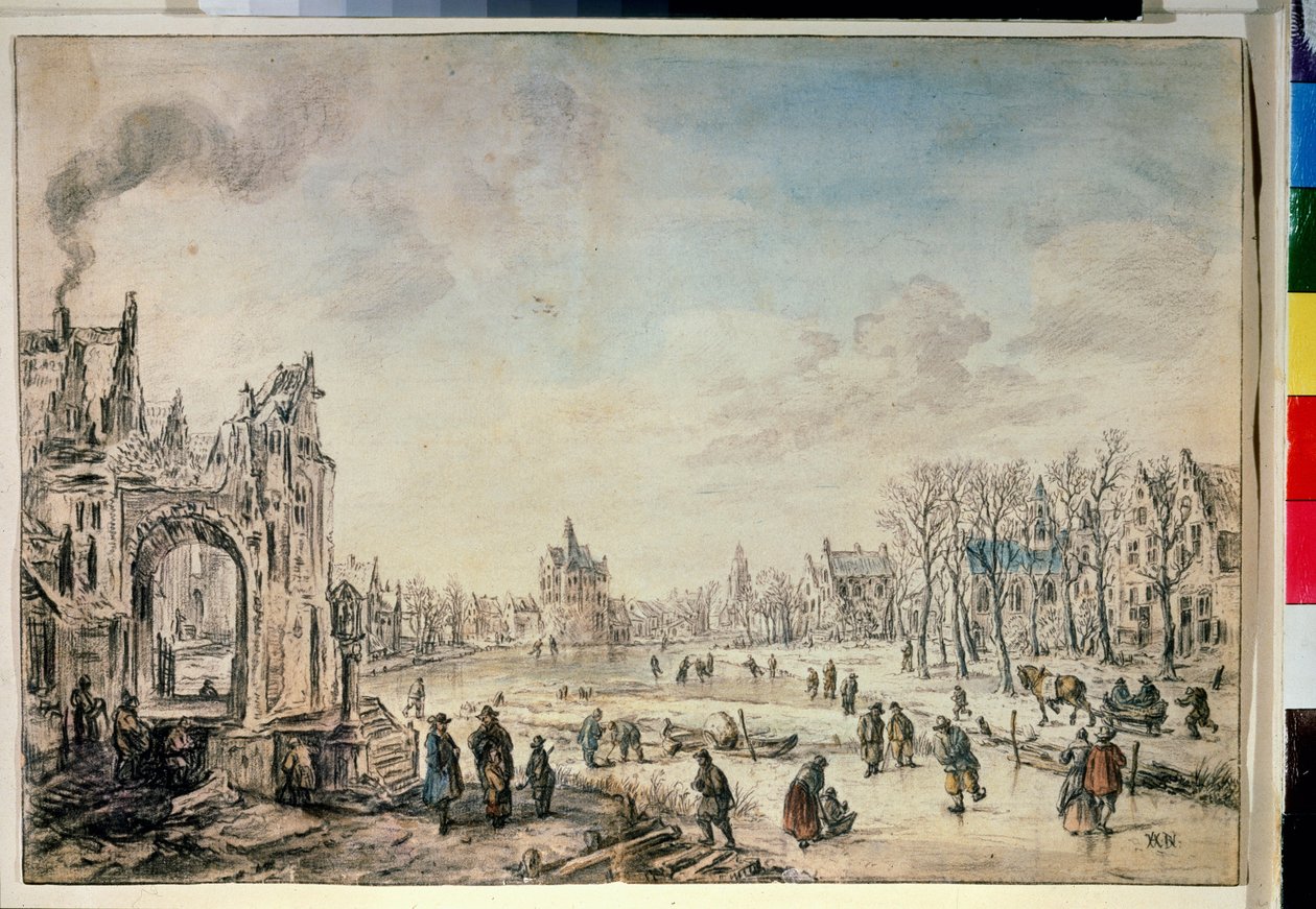 Zimní krajina s bruslaři. Kresba Aerta Van der Neera (1603-1677) od Aert van der Neer