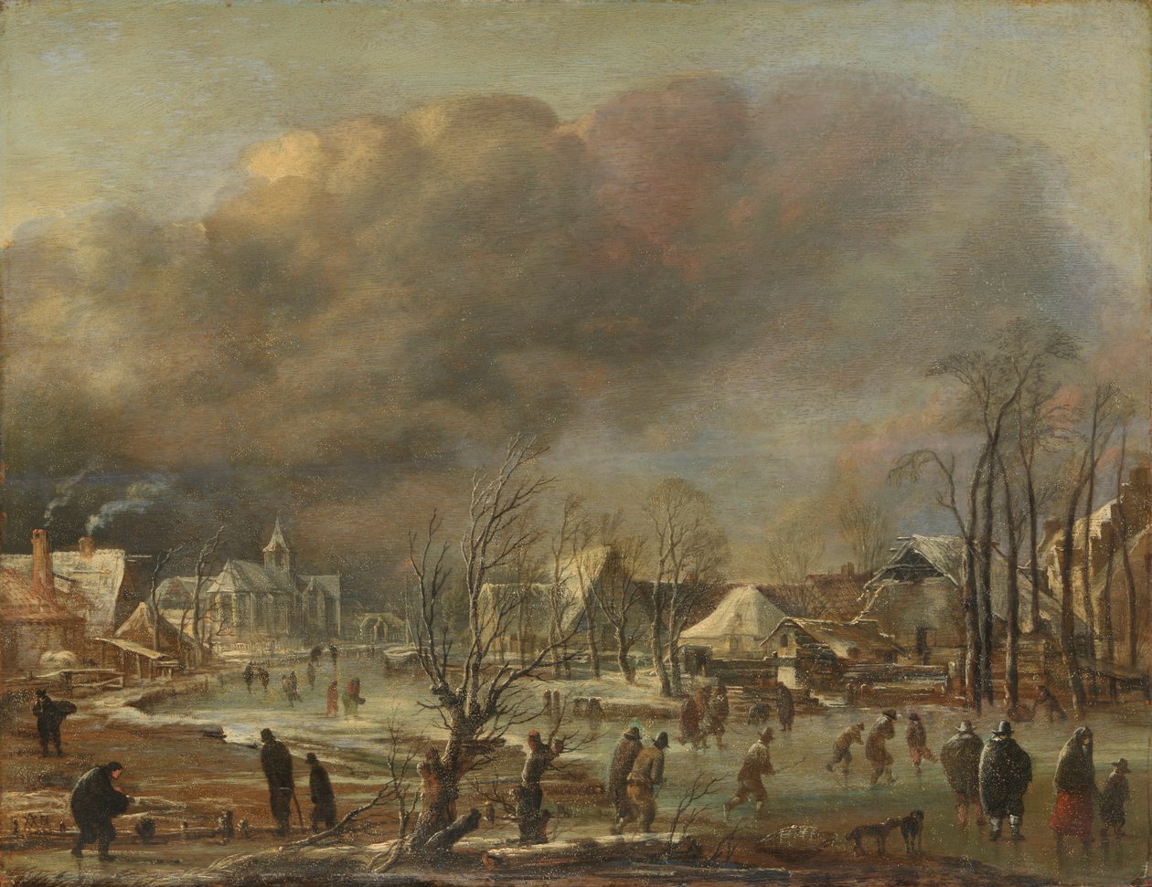 Sněžení na vesnici vedle zamrzlého kanálu, 1630-77 od Aert van der Neer