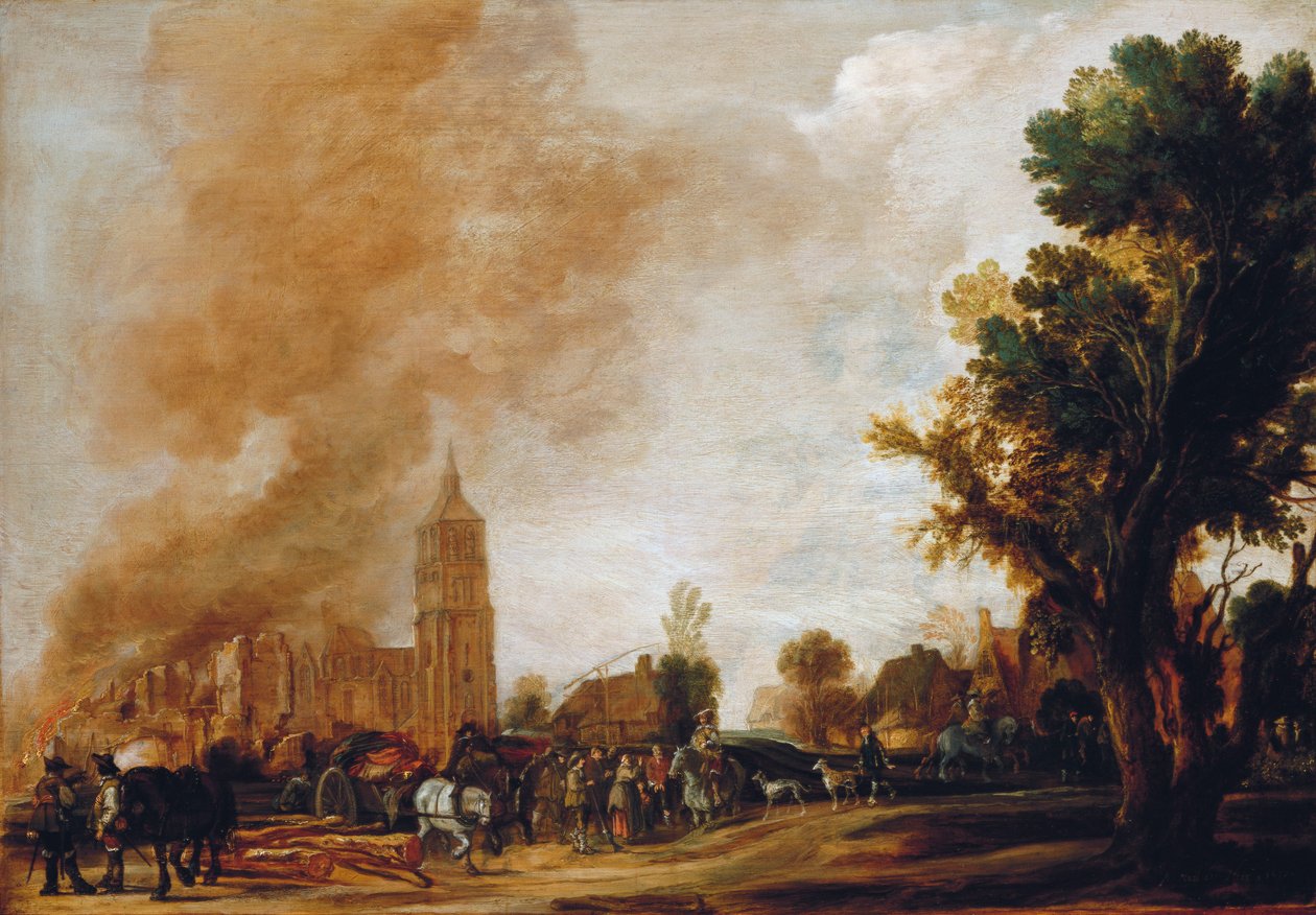 Vojáci opouštějící hořící vesnici, 1637 od Aert van der Neer