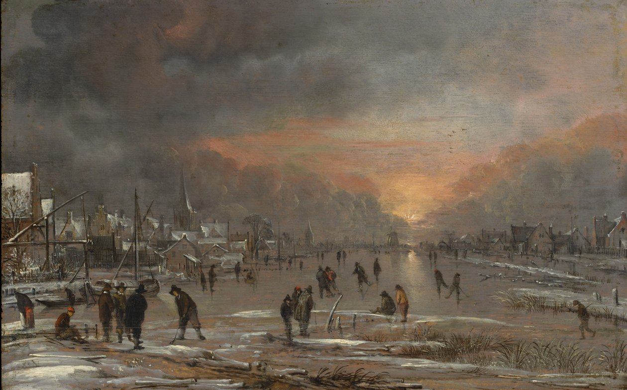 Sporty na zamrzlé řece, cca 1660 (olej na dřevě) od Aert van der Neer