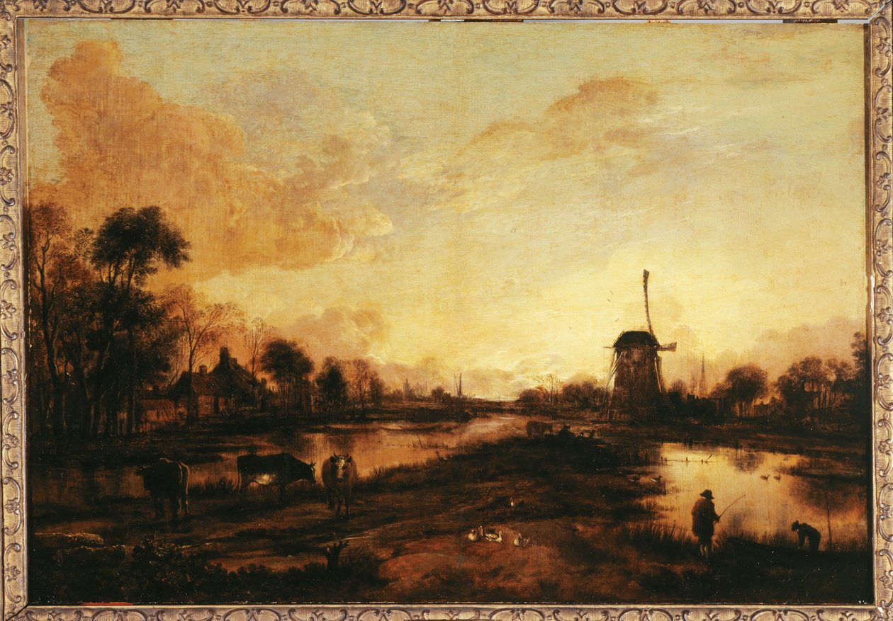 Západ slunce na řece Yssel, asi 1645 (olej) od Aert van der Neer