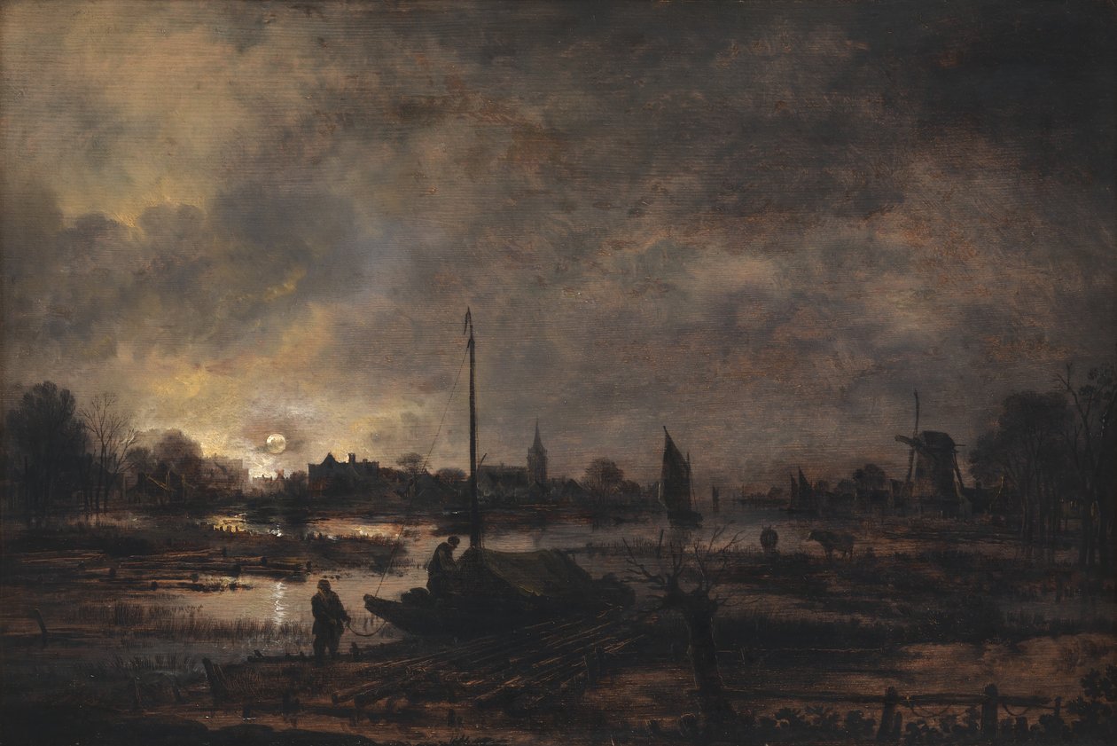 Měsíc vycházející nad vesnicí od Aert van der Neer