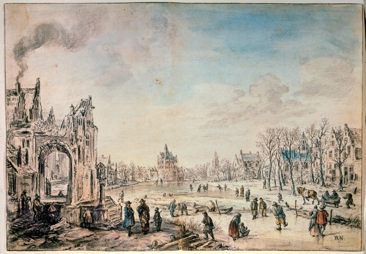 Zimní krajina s bruslaři, holandská malba 17. století od Aert van der Neer