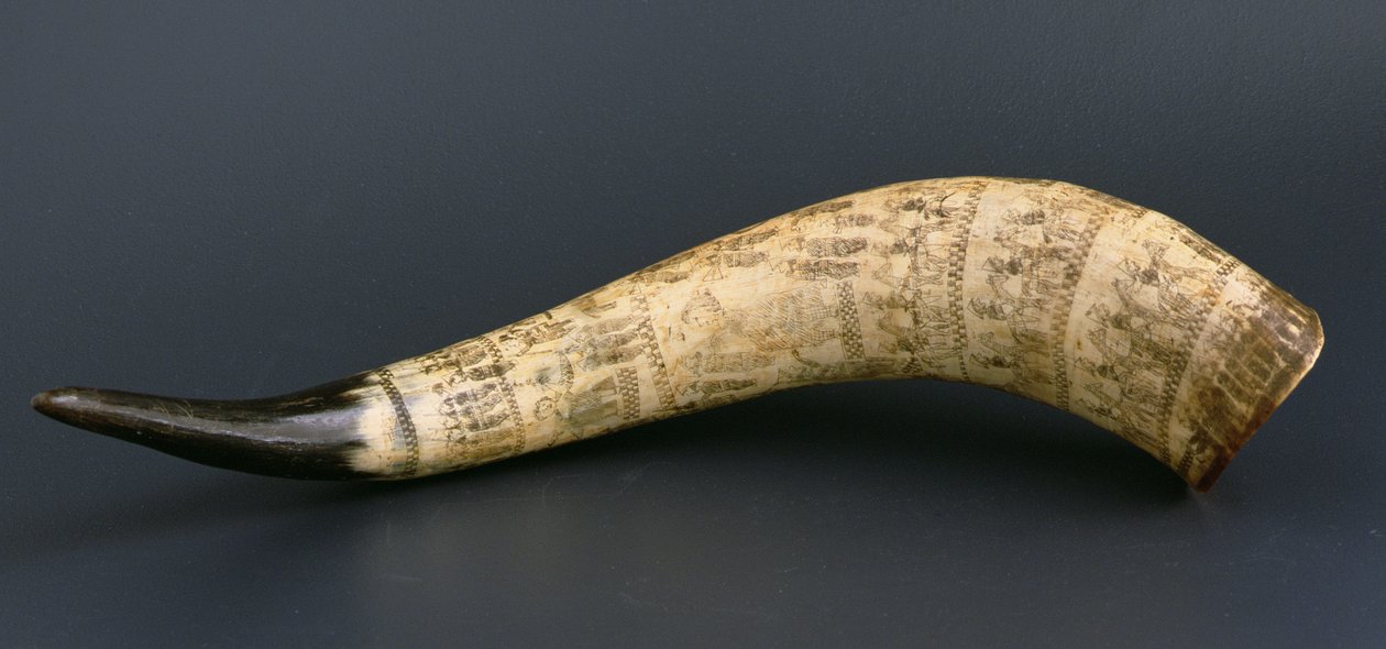 Kravský roh s vyrytými výjevy z anglo-zuluské války, North Nguni, Jihovýchodní Afrika, cca 1879 (kravský roh) od African