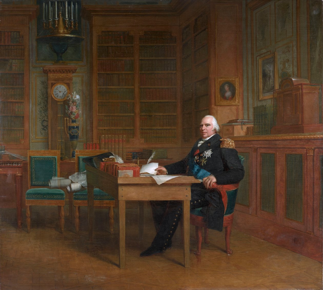 Král Ludvík XVIII. rozjímá nad listinou, sedí u svého psacího stolu v Tuilerijském paláci. od After François Gérard