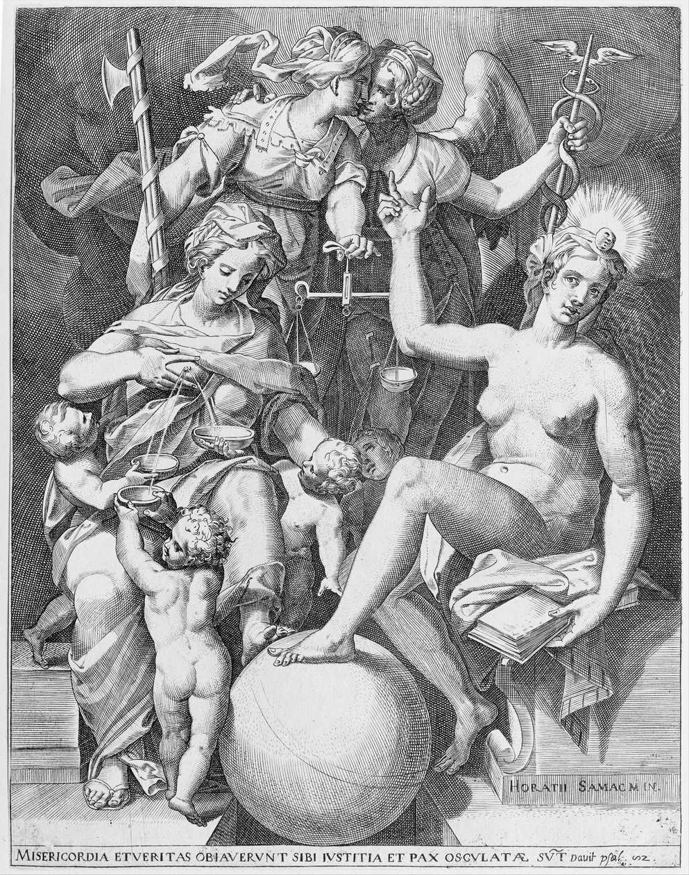 Alegorie žalmu Davidova, Misericordia sedící vlevo a krmící čtyři děti s..., 1579. od After Agostino Carracci.