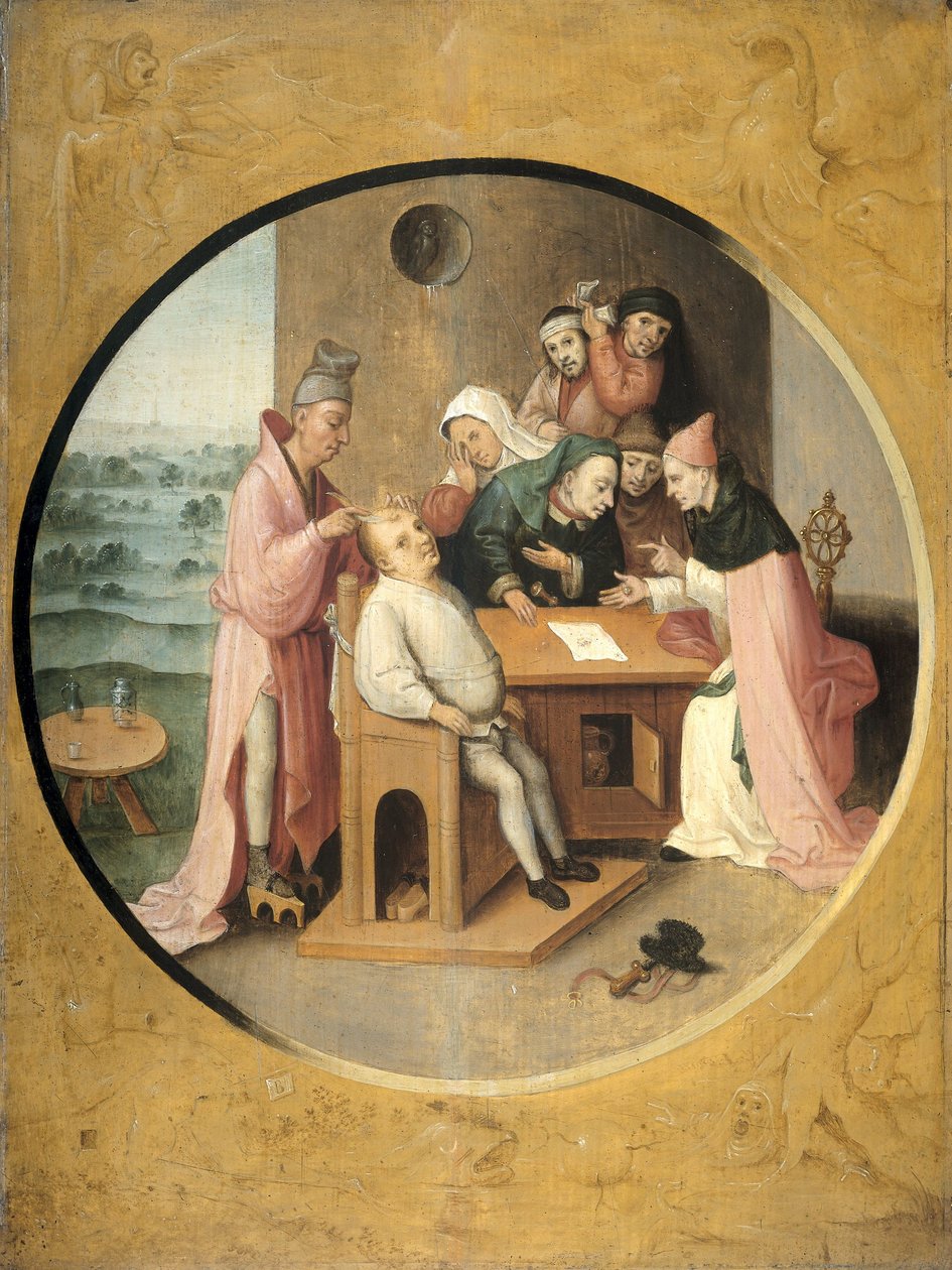 Odstranění kamenů v hlavě, cca 1550-1600 od After Hieronymus Bosch
