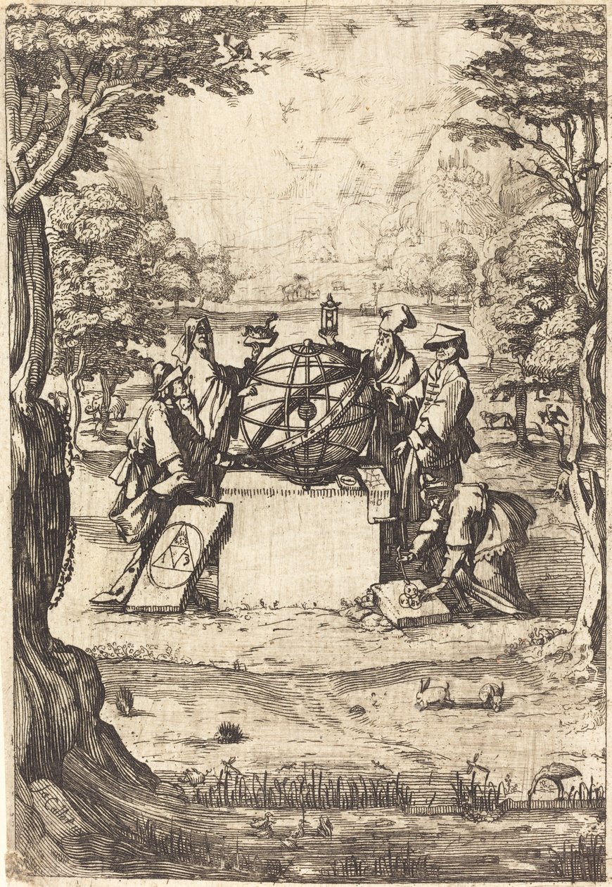 Frontispis pro posvátnou kosmologii (titul s astrology) od After Jacques Callot