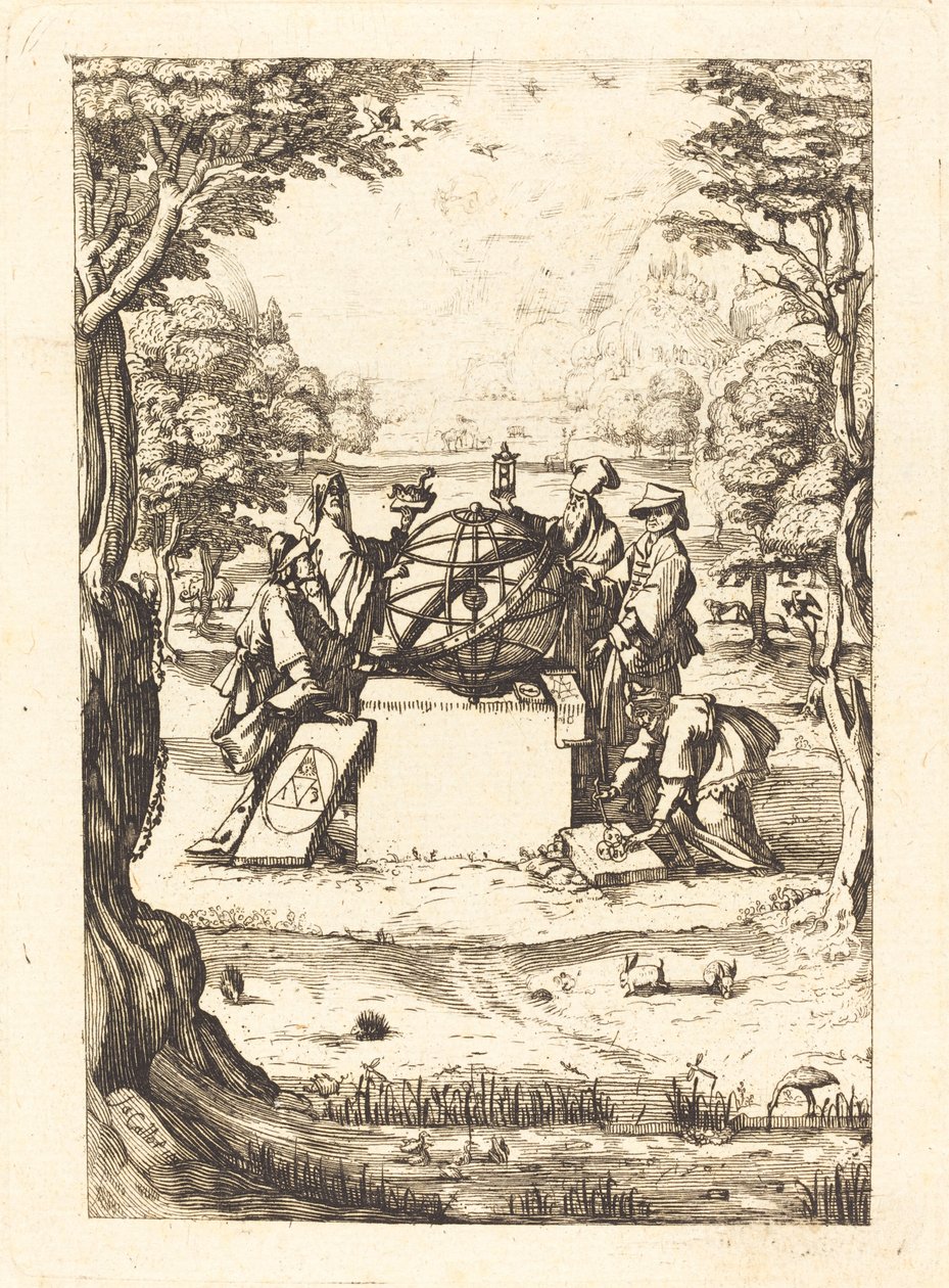 Frontispis pro posvátnou kosmologii (titul s astrology) od After Jacques Callot