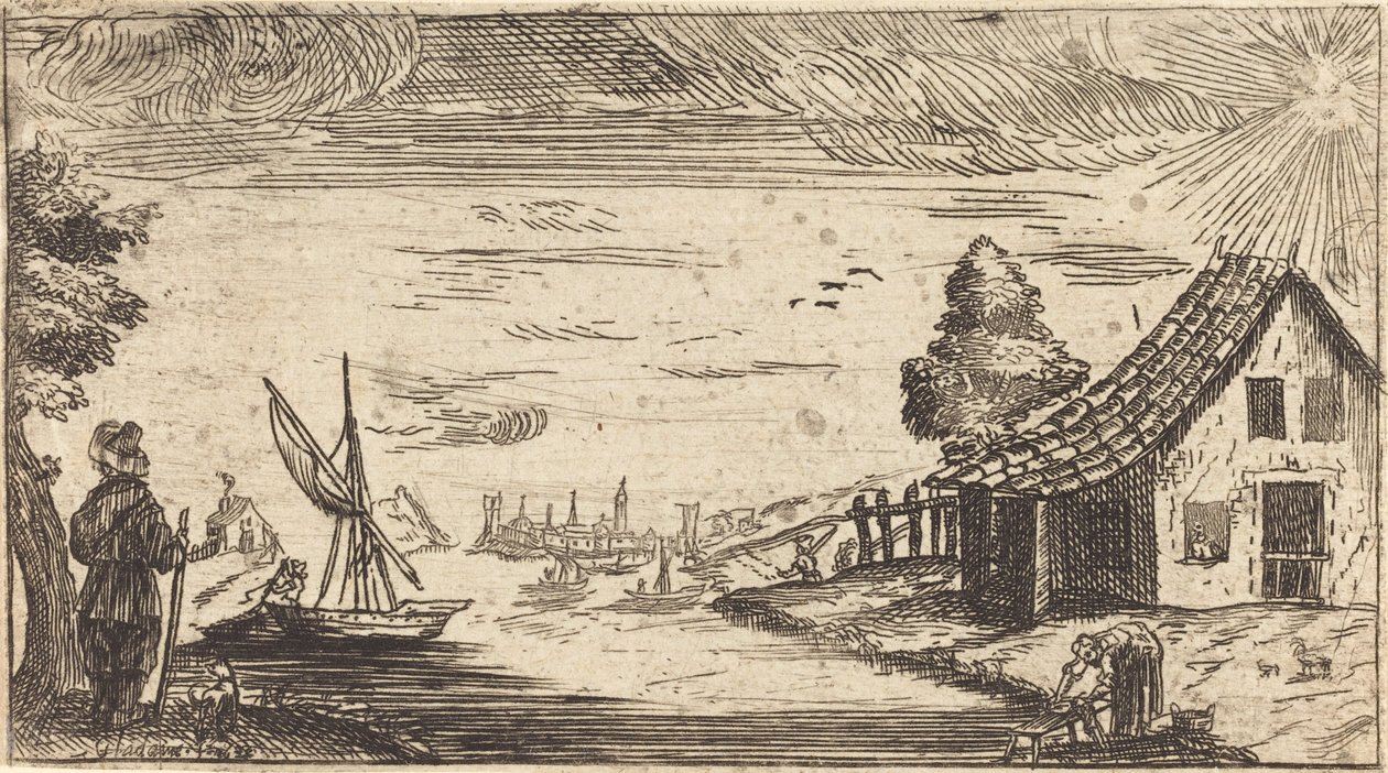 Krajina s postavou a lodí od After Jacques Callot