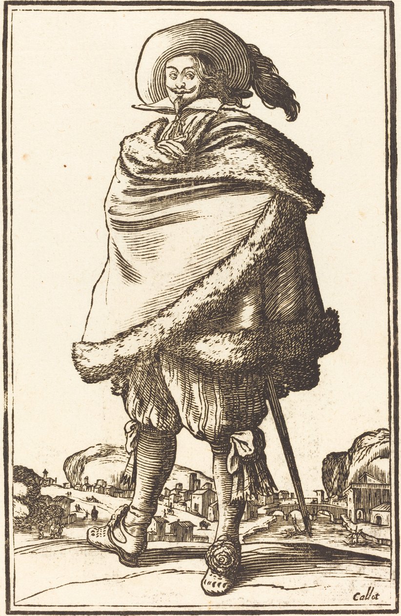 Ušlechtilý muž zabalený do pláště zdobeného kožešinou od After Jacques Callot