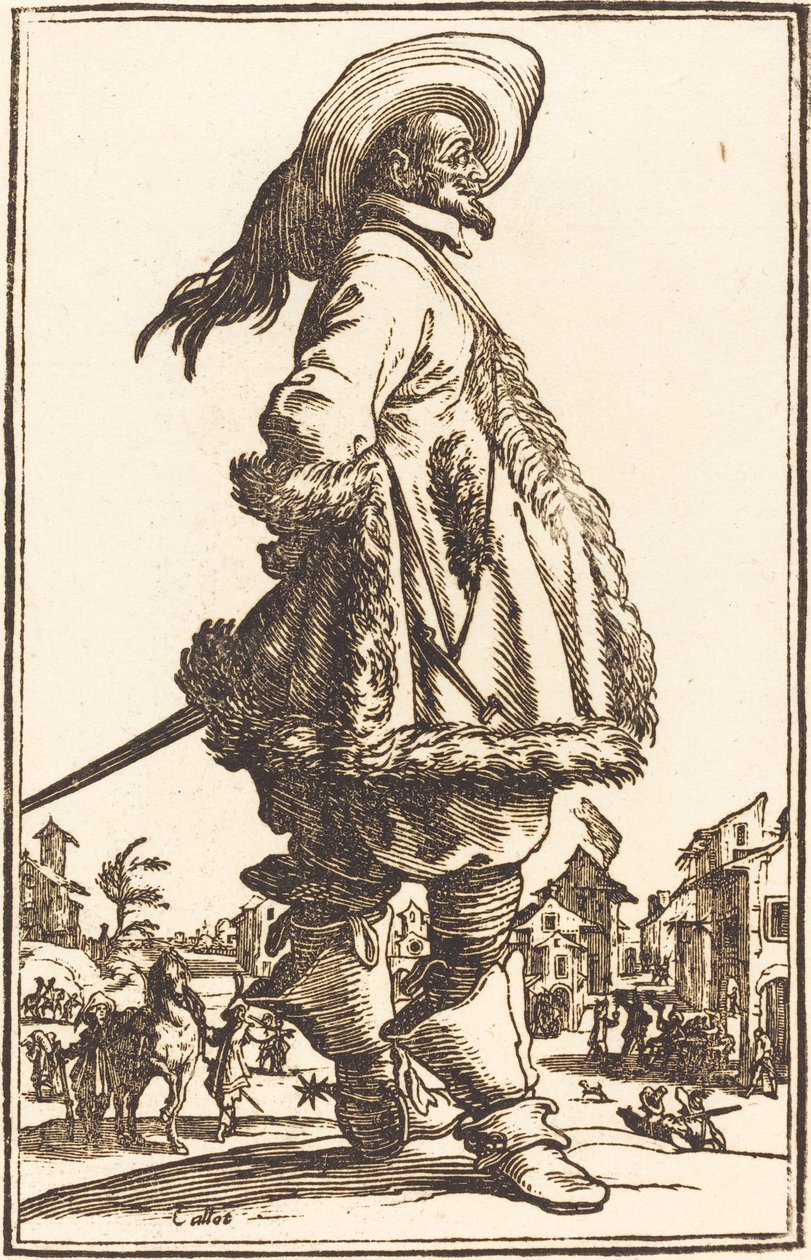 Ušlechtilý muž s pláštěm zdobeným v kožešině, držel ruce za zády od After Jacques Callot
