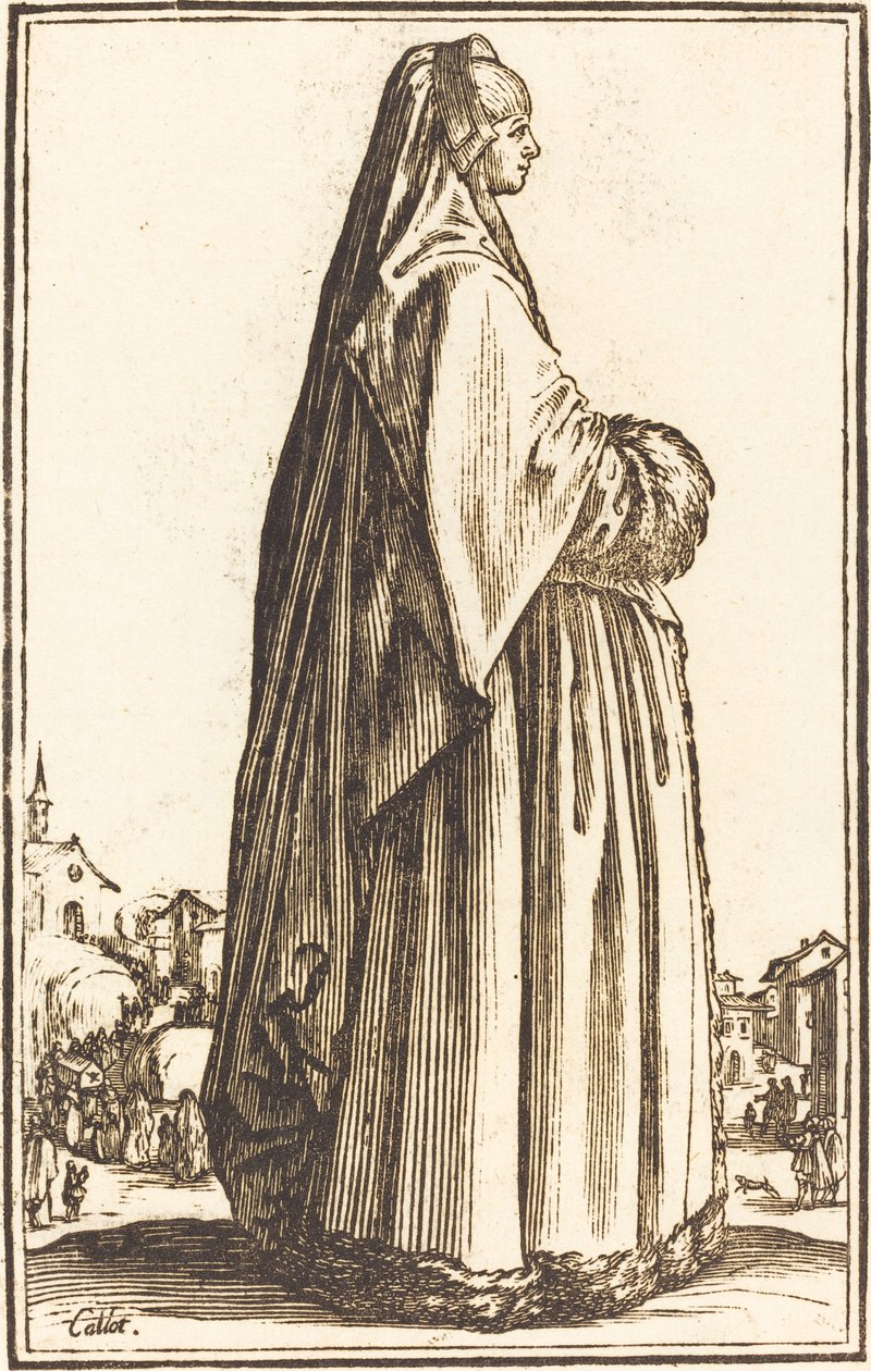 Vznešená žena v závoji a šatech zdobených kožešinou od After Jacques Callot