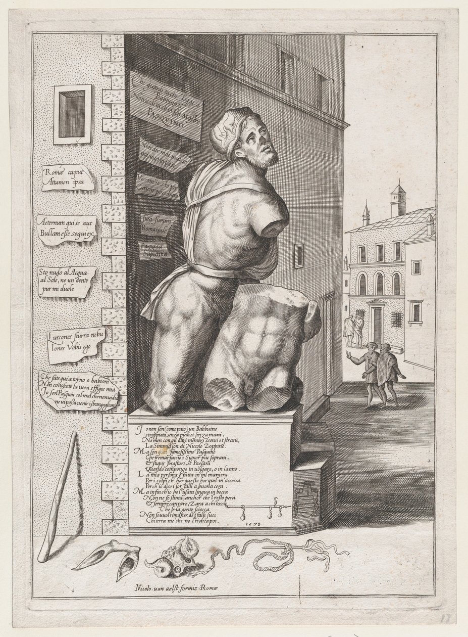Socha Pasquina v domě kardinála Ursina, Vydáno po roce 1582., Vydáno po roce 1582. od After Nicolas Beatrizet.