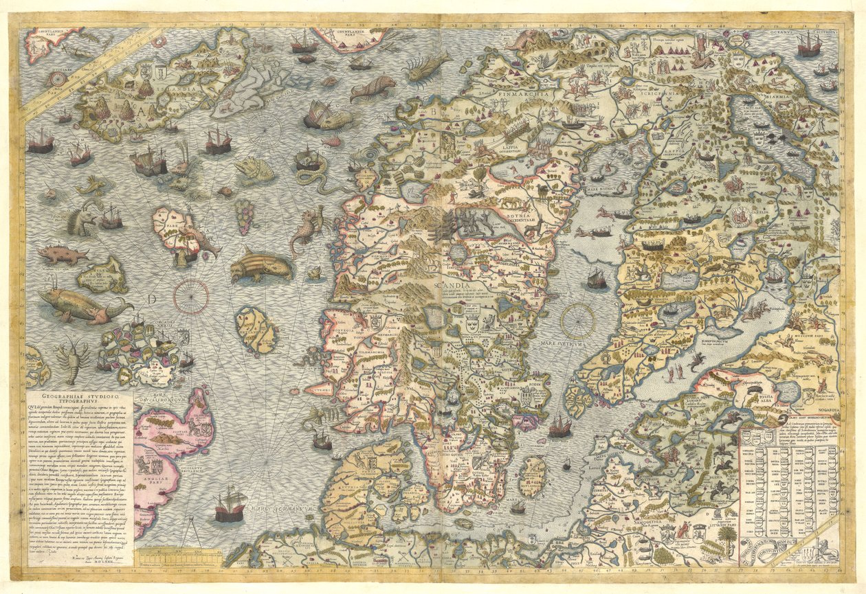 Věrná reprodukce Carta marina (nástěnná mapa Skandinávie od Olause Magnuse z roku 1539) od After Olaus Magnus