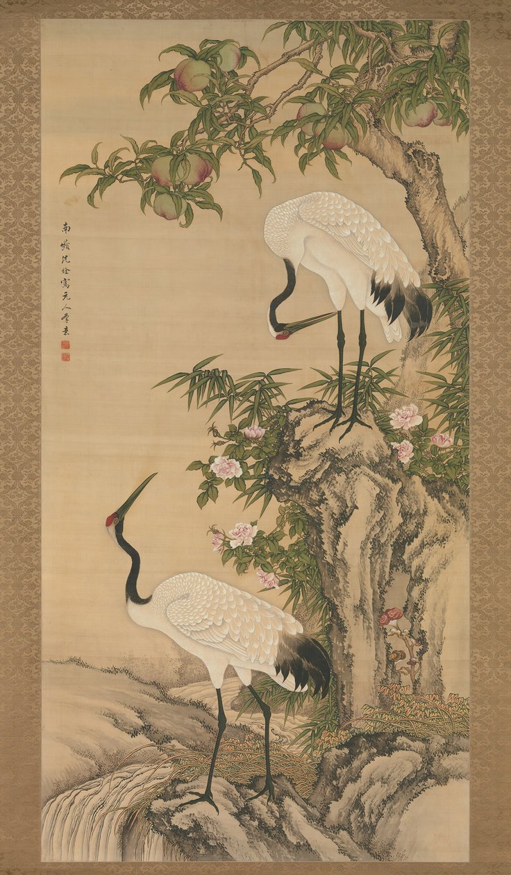 Jeřábi, broskvoň a čínské růže, počátek 18. století. od After Shen Quan