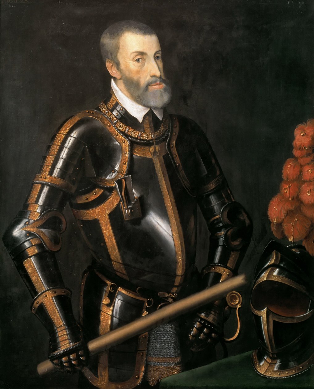 Německy: Císař Karel V. (1500-1558) ve zbroji, portrét císaře Karla V. ve zbroji v polopostavě od after Titian