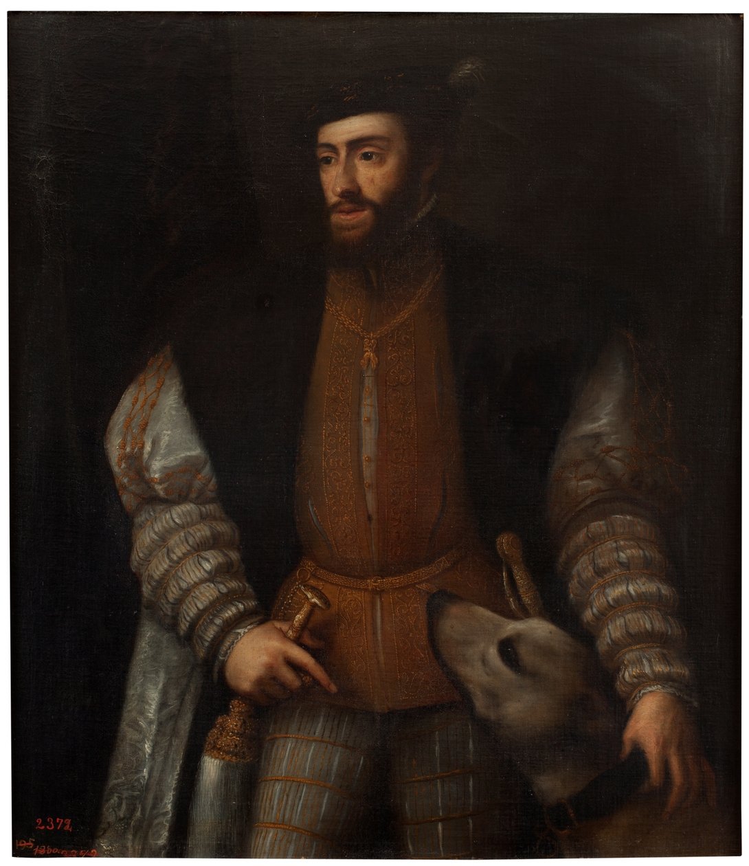 Španělština:  Císař Karel V. se psem (El emperador Carlos V con un perro) od after Titian