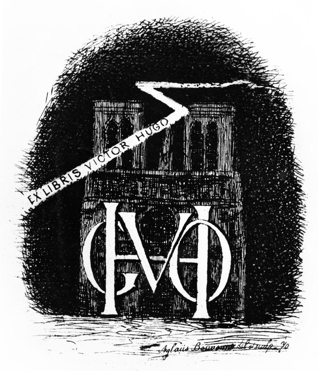 Exlibris exlibris pro Victora Huga, 1870 od Aglaüs Bouvenne