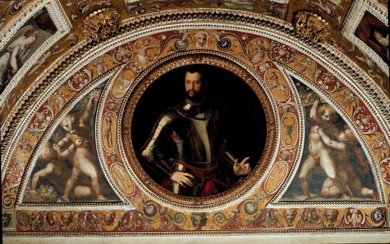 Portrét Cosima I. de Medici, velkovévody toskánského a otce Francesca I. (malba na břidlici od Agnolo (after) Bronzino