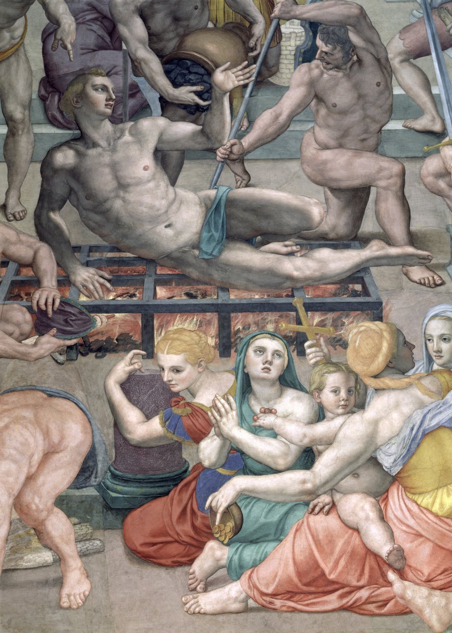 Umučení sv. Vavřince, detail sv. Vavřince na mřížové fresce od Agnolo Bronzino