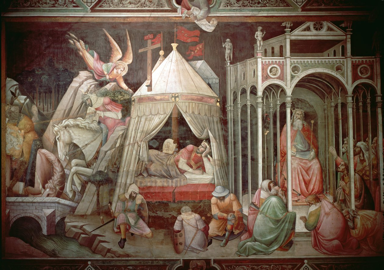Cosroe používá sílu kříže k vyvolání uctívání od svého lidu a Heraclius Dream a jeho vítězství nad Cosroe, kolem roku 1380 od Agnolo Gaddi