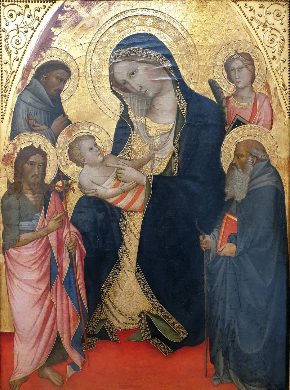 Německy: Maria mit dem Kind und den Heiligen Johannes der Täufer, Franziskus, Antonius Abbas und einer weiblichen Märtyrerin Madona s dítětem, svatý Jan Křtitel, svatý František a svatý Antonín a mučedník od Agnolo Gaddi