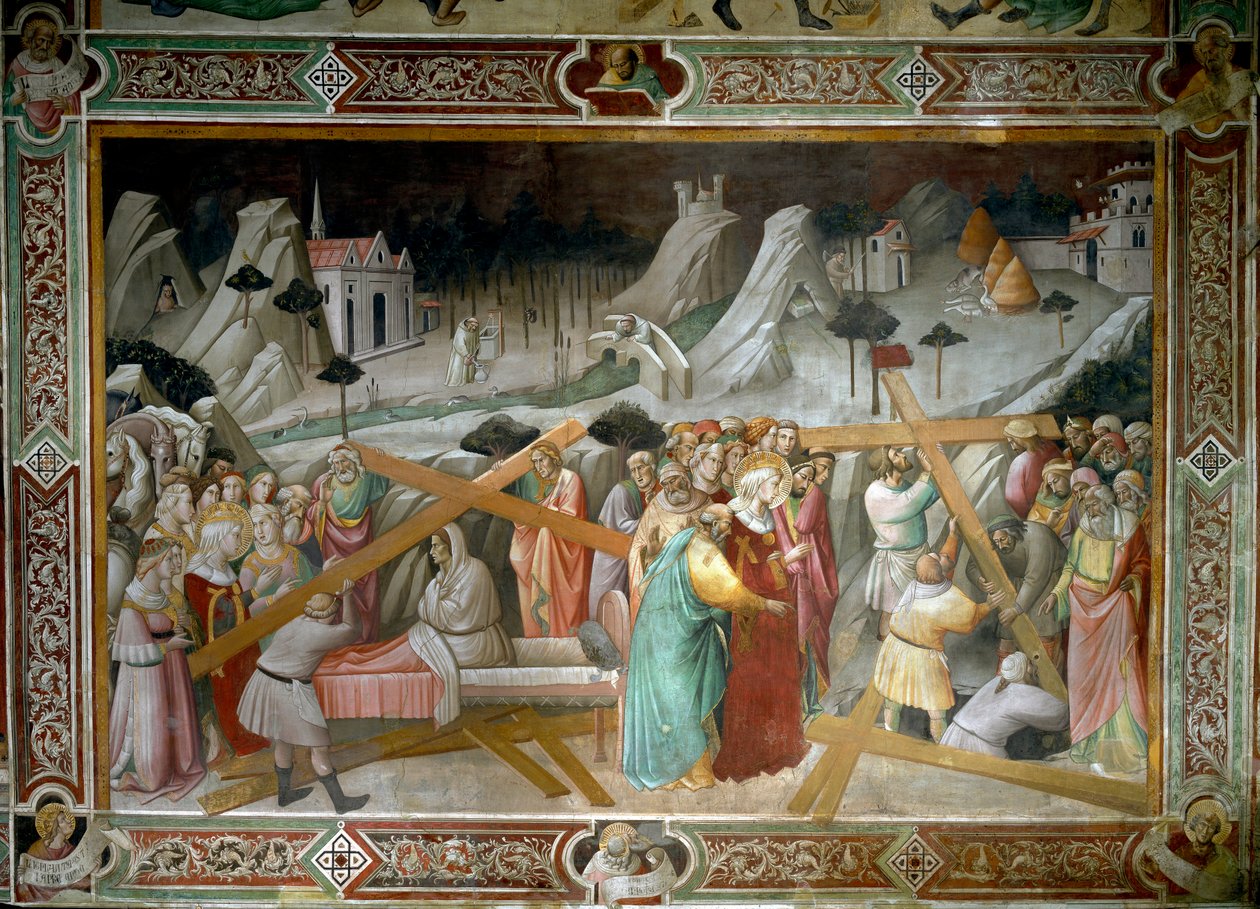 Legenda o skutečném kříži: „Svatá Helena (248-328), matka římského císaře Konstantina I. (272-337), objevuje fresku Svatého kříže v Palestině od Agnola Gaddiho (asi 1350-1396). Kostel Santa Croce ze 14. století, Florencie. od Agnolo Gaddi