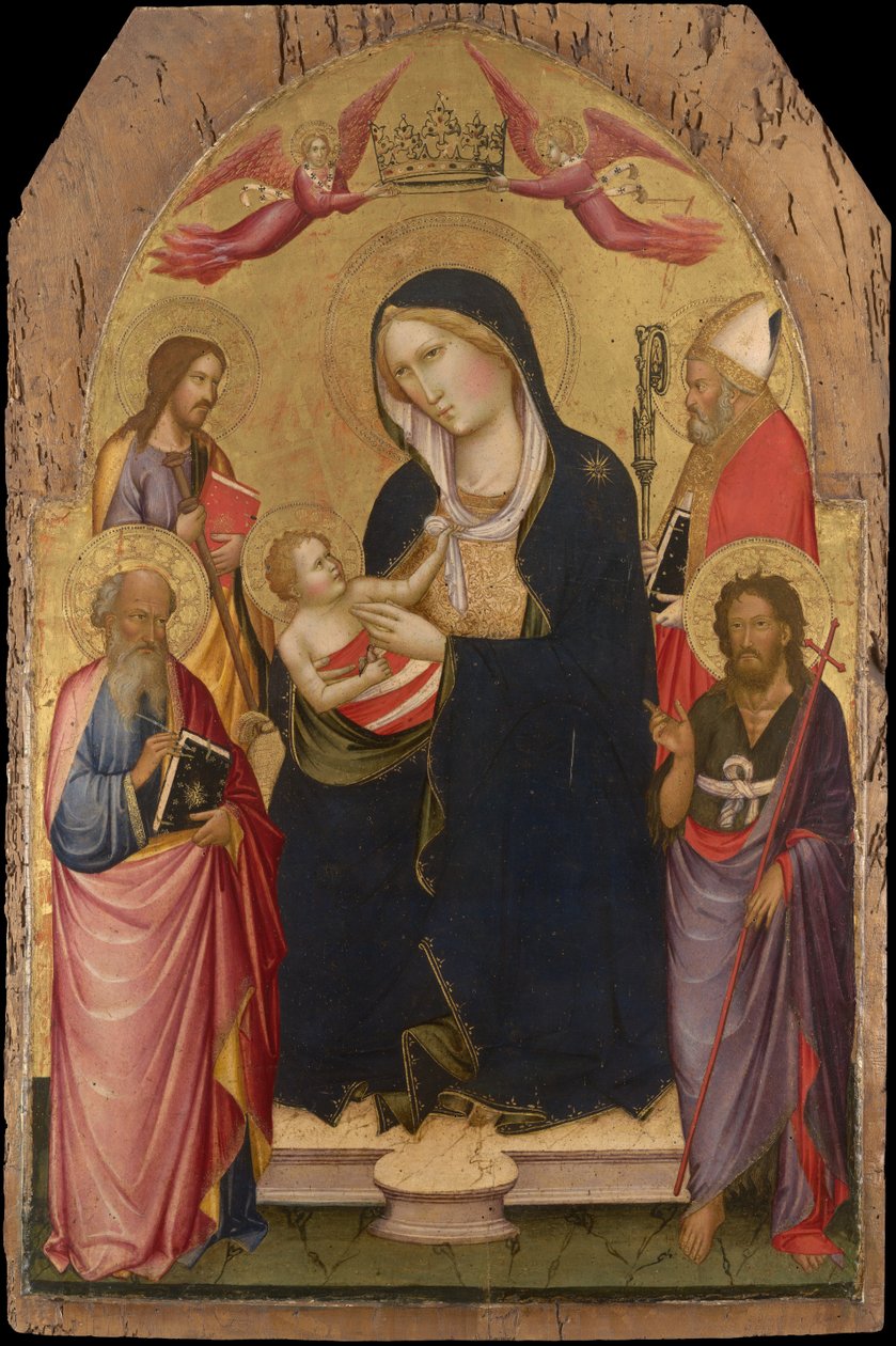 Madona s dítětem se svatým Janem Evangelistou, svatým Janem Křtitelem, svatým Jakubem z Compostely a svatým Mikulášem z Bari od Agnolo Gaddi