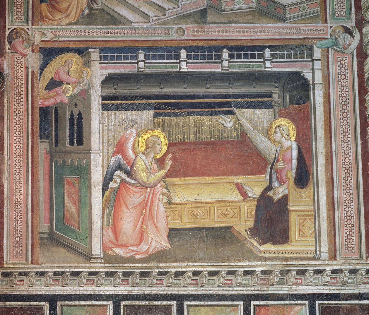 Zvěstování, detail z cyklu Život Panny Marie a posvátný pás, z Cappella della Sacra Cintola od Agnolo Gaddi
