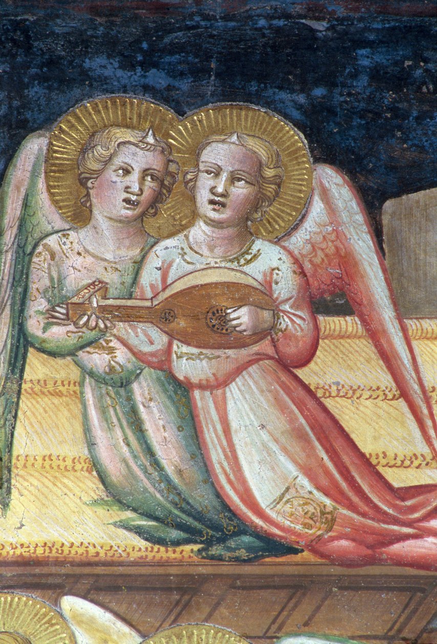 Dva hudební andělé, detail ze života Panny Marie a Posvátný pás, z kaple Posvátného pásu, 1392-95 od Agnolo Gaddi