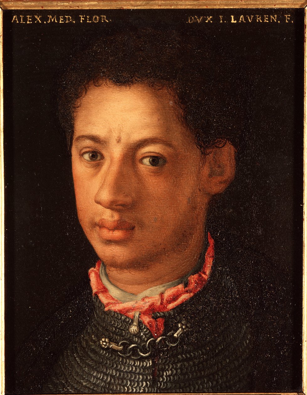 Portrét Alessandra de Medici (Alexandr Medicejský zvaný Maur) (1510-1572) vévoda z Florencie Obraz Allori Angelo di Cosimo dit Bronzino (1503-1572) 16. století Slunce 15x12 cm Palác Medici-Riccardi (Medici Riccardi) Florencie od Agnolo Bronzino